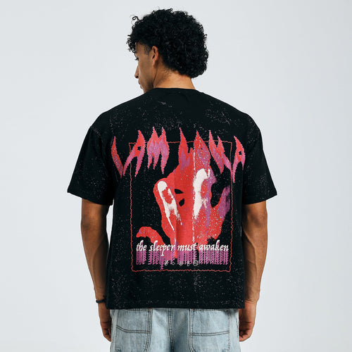 Buy black Arise tee with "The Sleeper Must Awaken" text, back view, on model.