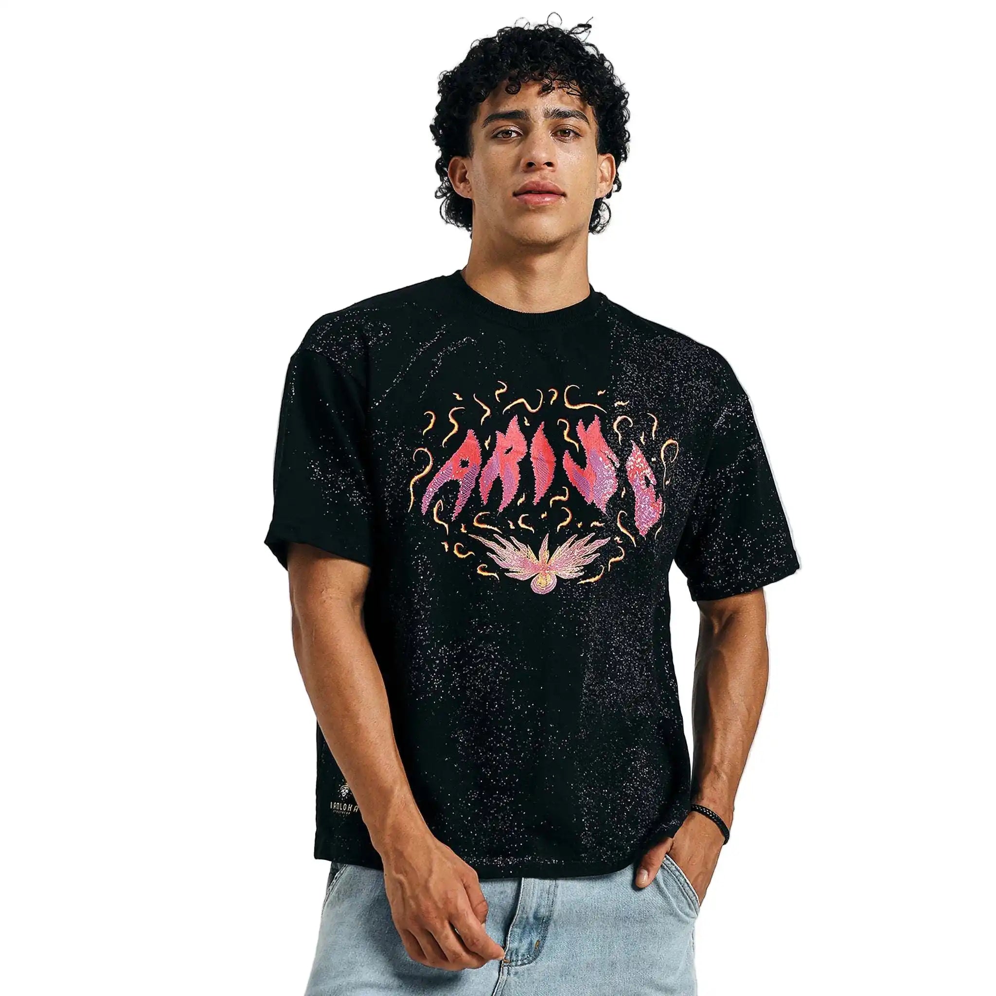 Shop black Arise graphic tee with fiery design, front view, with denim shorts