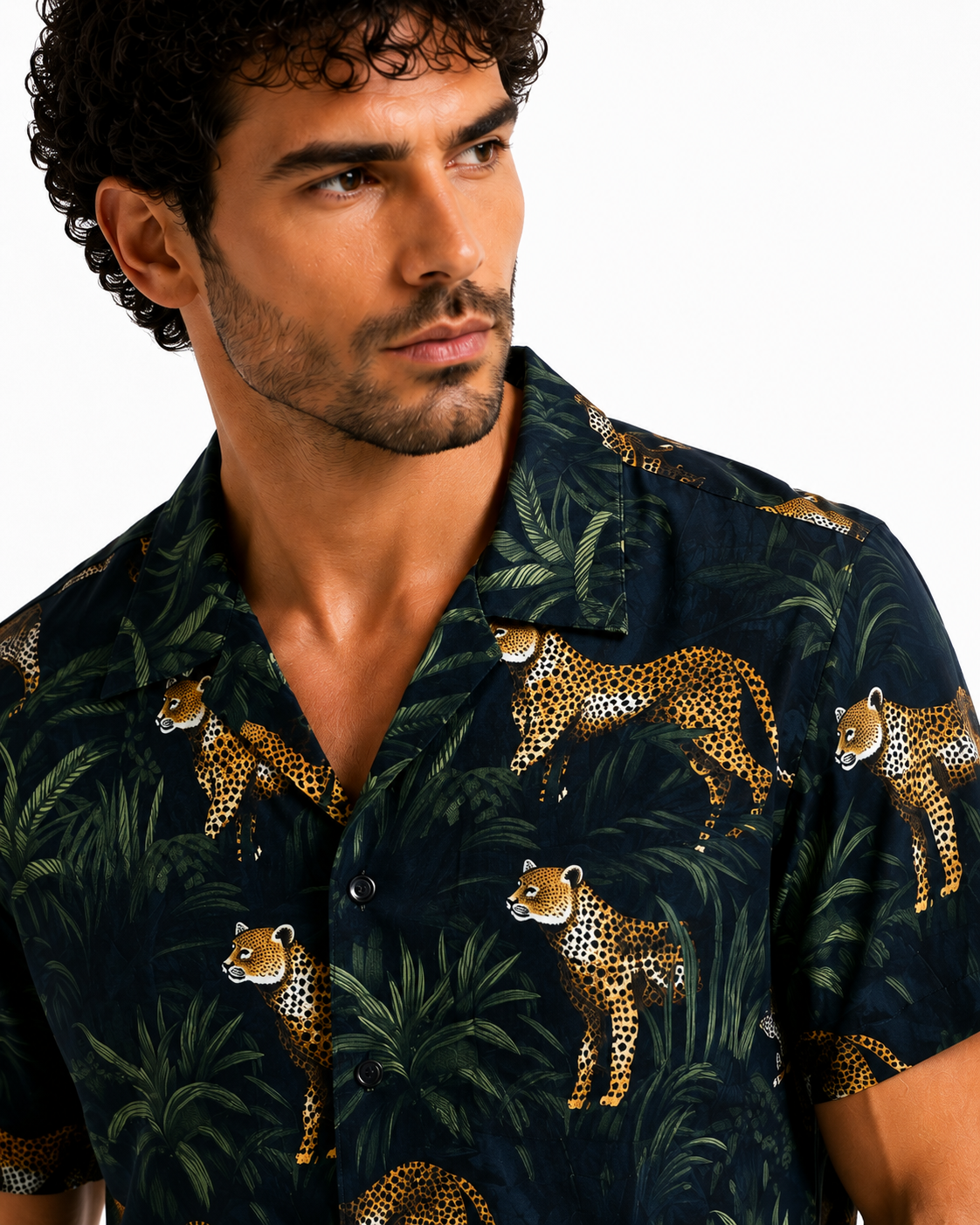 Man wearing a dark shirt with animal pattern