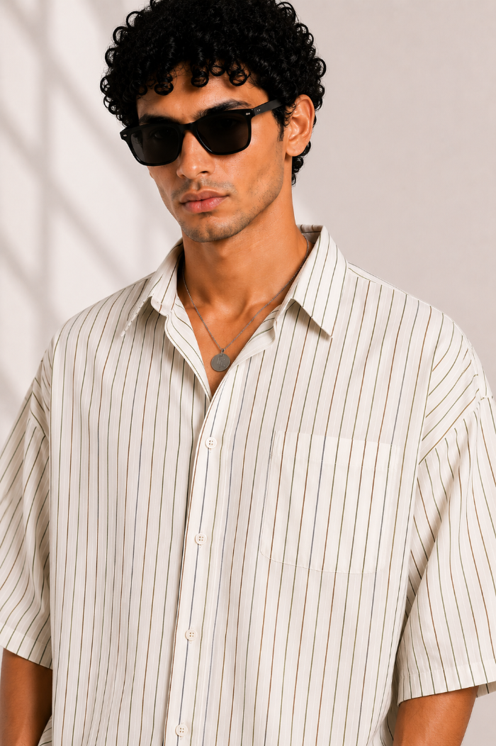Man wearing a striped shirt and sunglasses against a neutral background