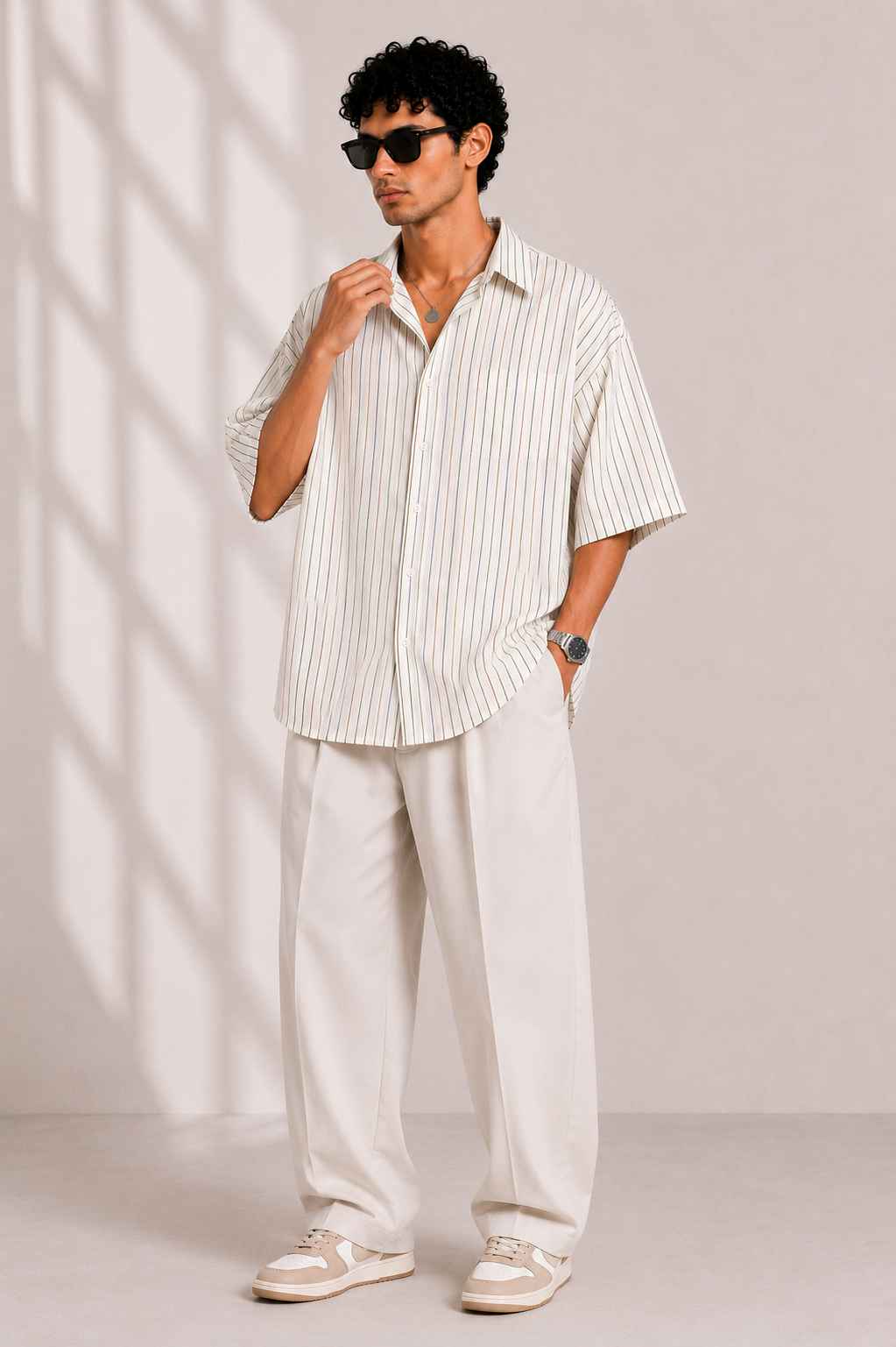 Man wearing a striped shirt and light pants against a neutral background