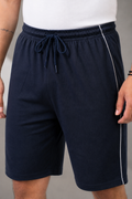 Navy shorts with a white stripe on a neutral background