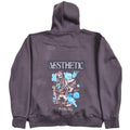 A dark grey oversized hoodie with aesthetic art screen printed on the front and back.