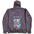 A dark grey oversized hoodie with aesthetic art screen printed on the front and back.