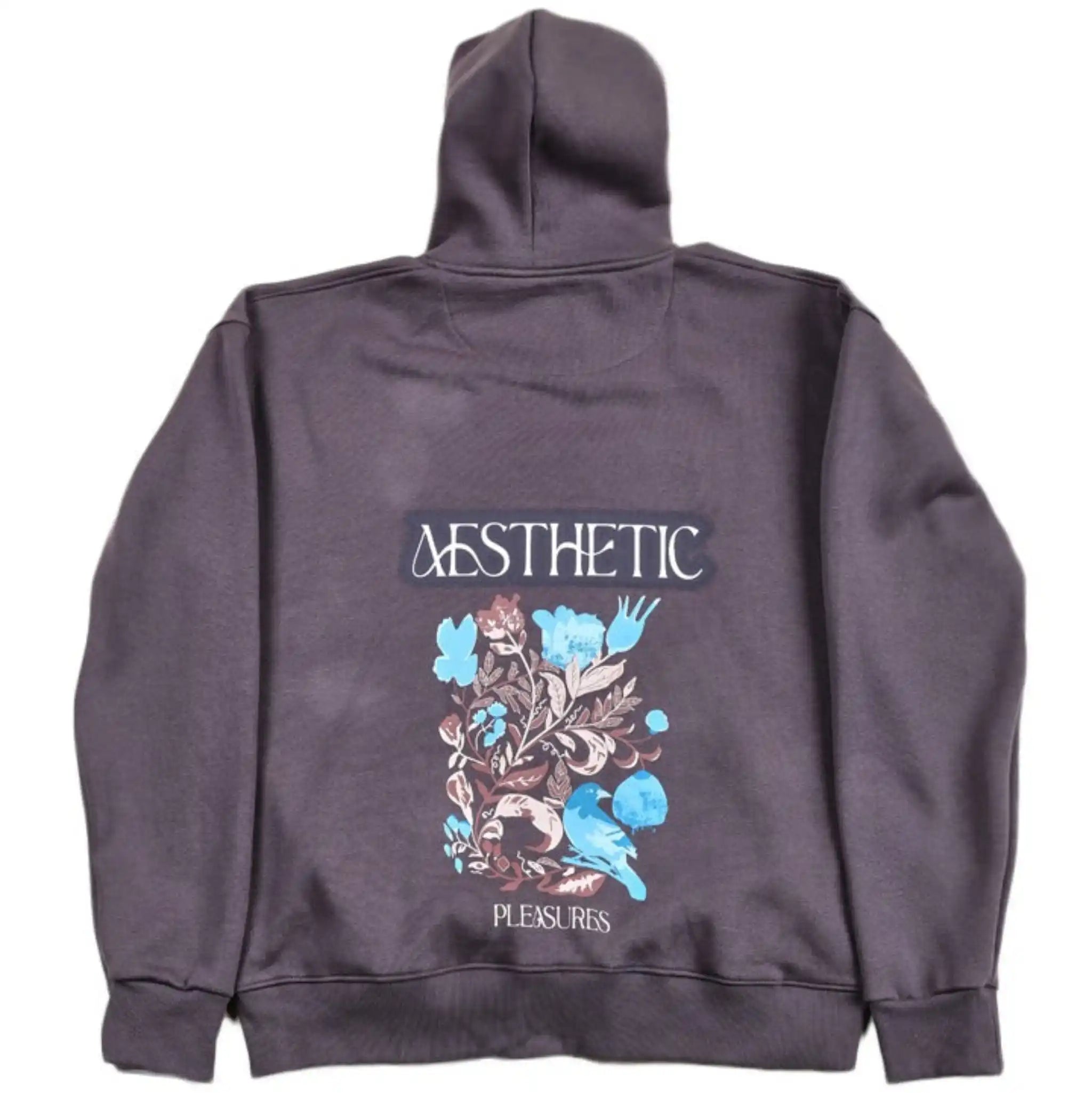 A dark grey oversized hoodie with aesthetic art screen printed on the front and back.
