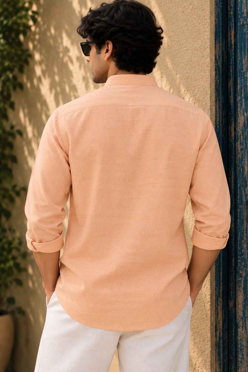 Peach Linen Blend Kurta Shirt - Mandarin Collar