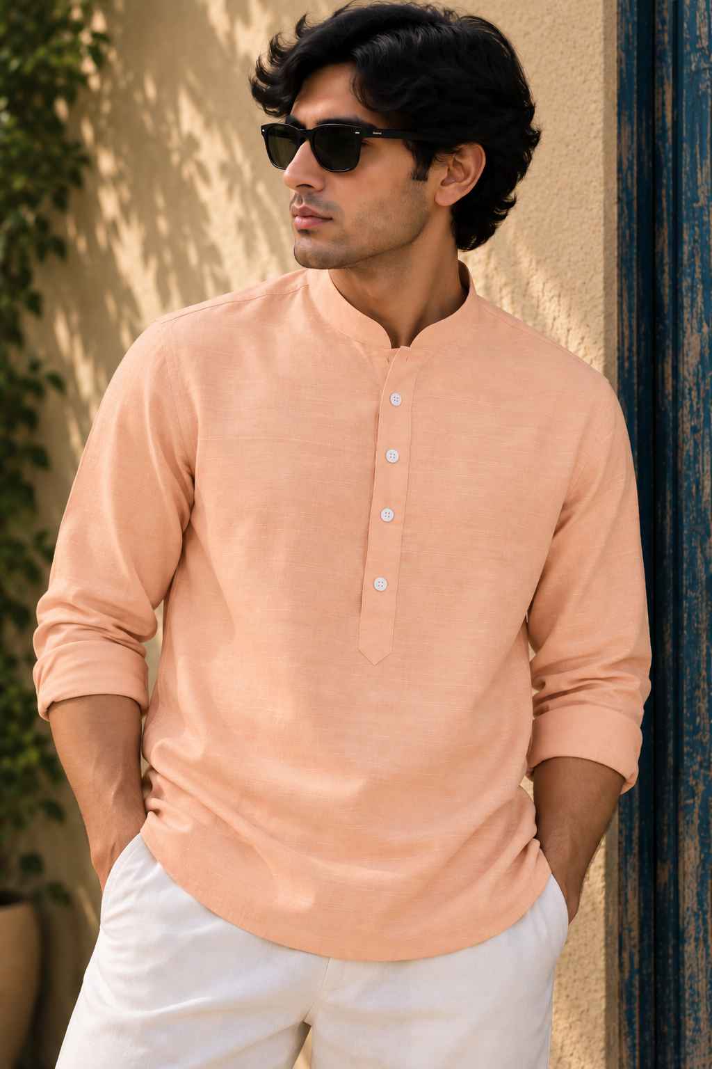 Peach Linen Blend Kurta Shirt - Mandarin Collar