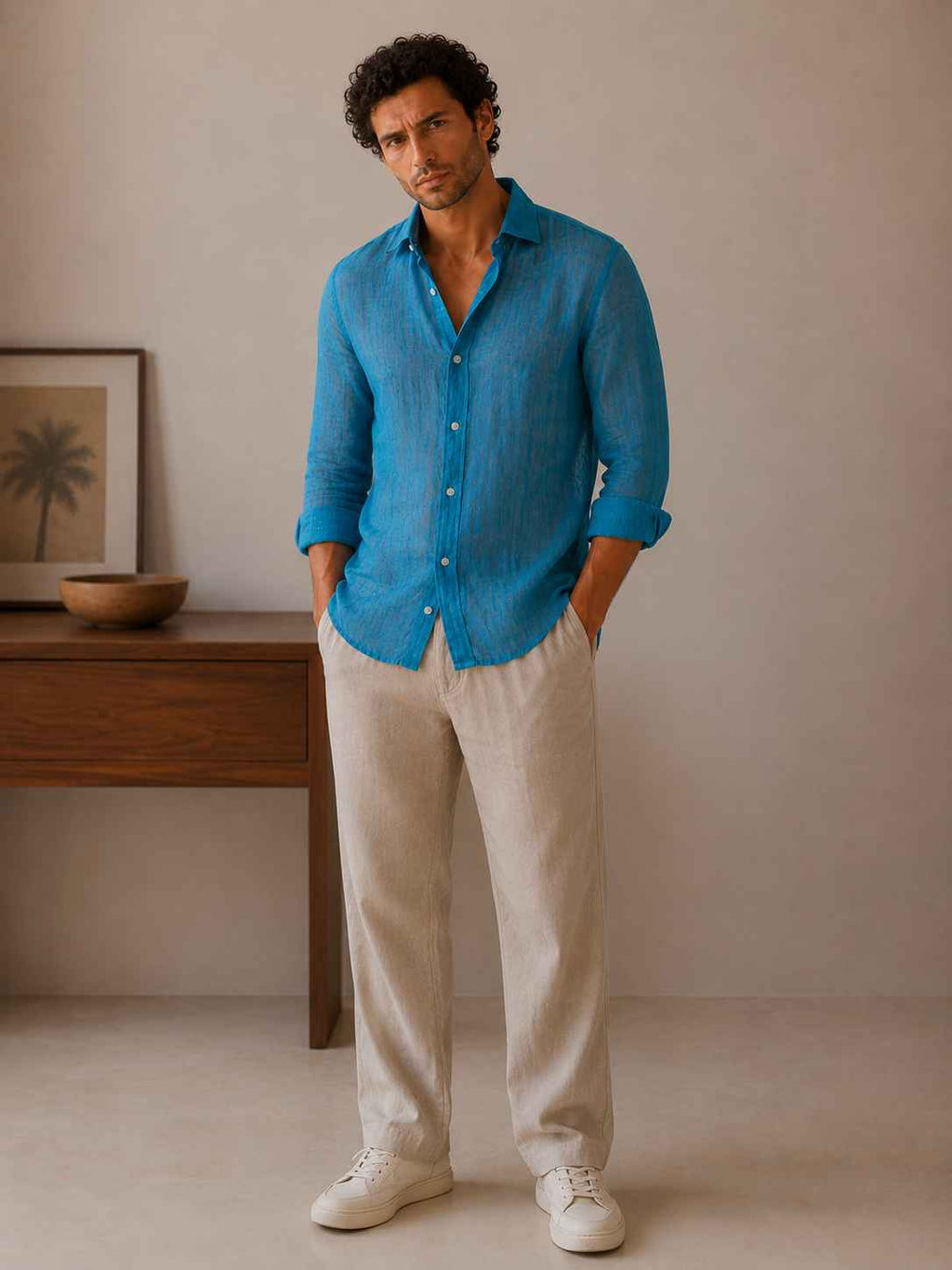 Man wearing a blue shirt and beige pants standing in a room with a wooden table and framed picture.