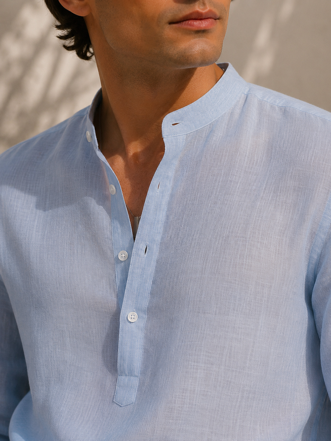 Summer Sky Linen Kurta Shirt - Mandarin Collar