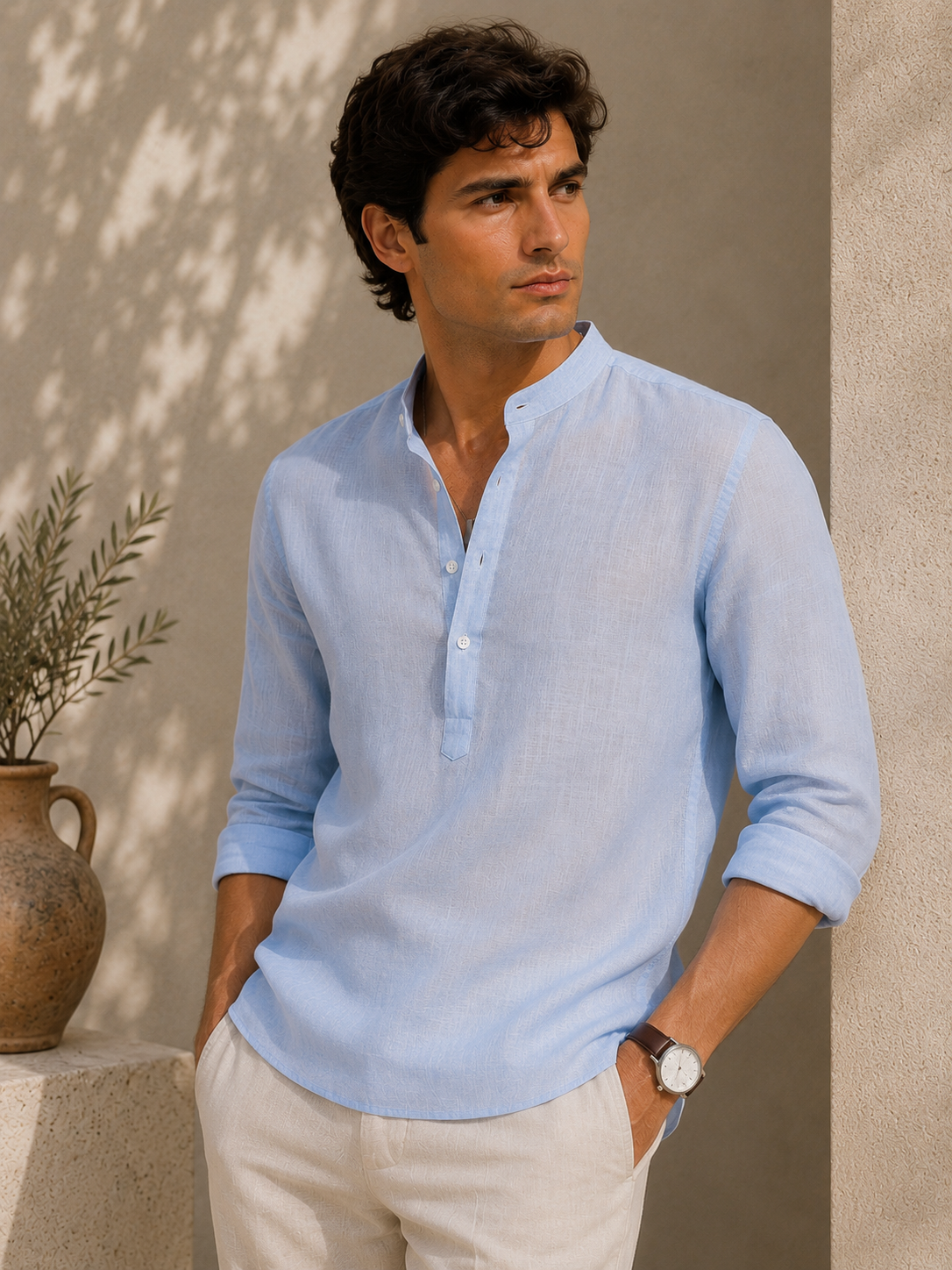 Man wearing a light blue long-sleeve shirt against a beige wall.