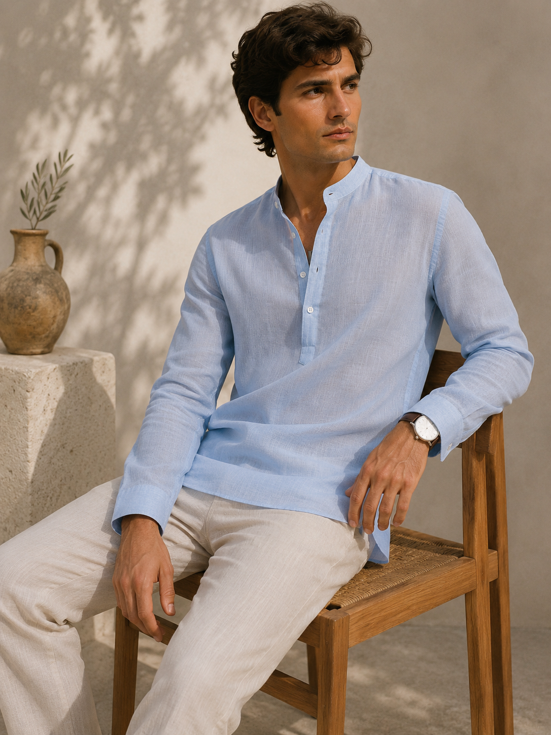 Man sitting on a wooden chair wearing a light blue shirt and beige pants against a neutral background.