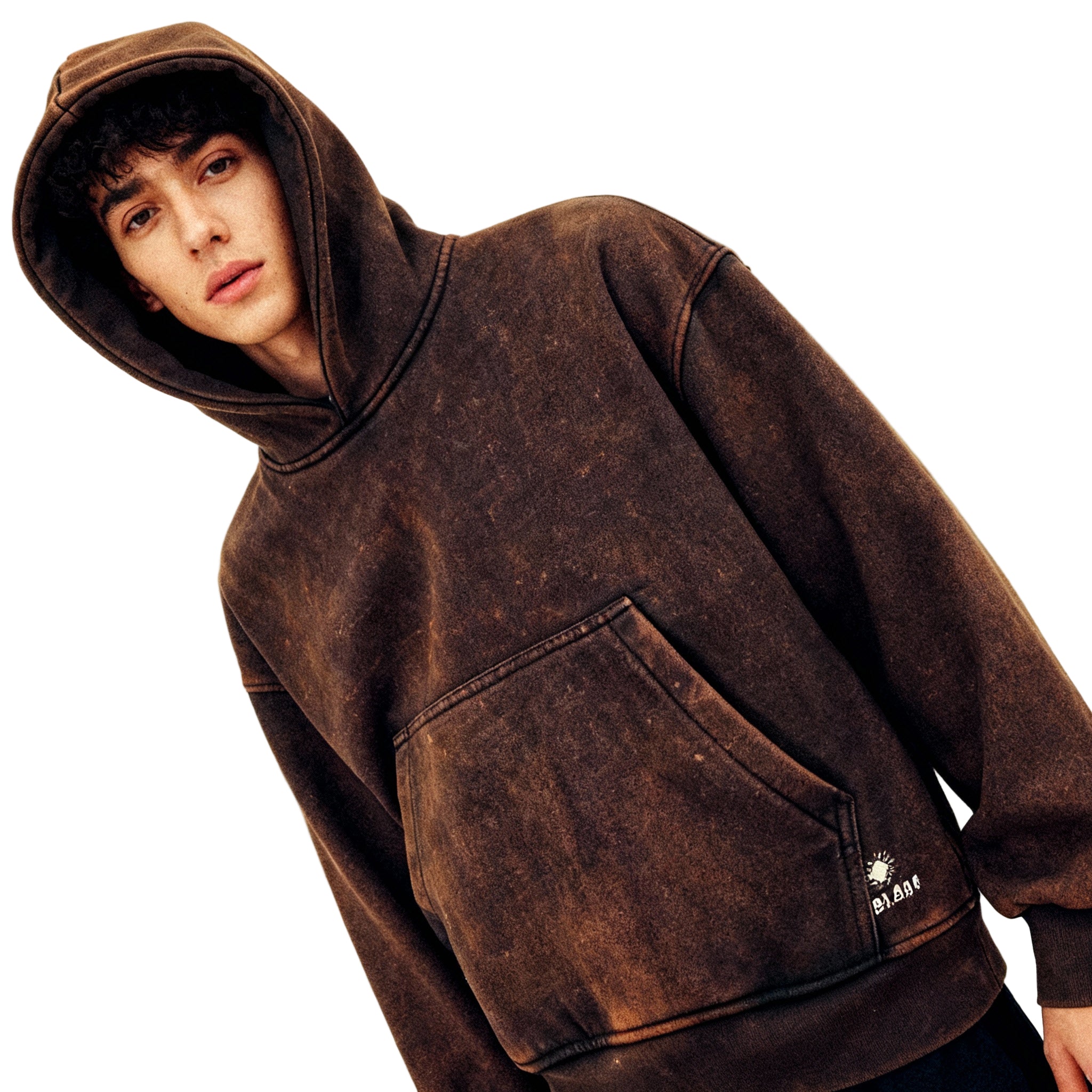 Person wearing a brown hooded sweatshirt on a plain background