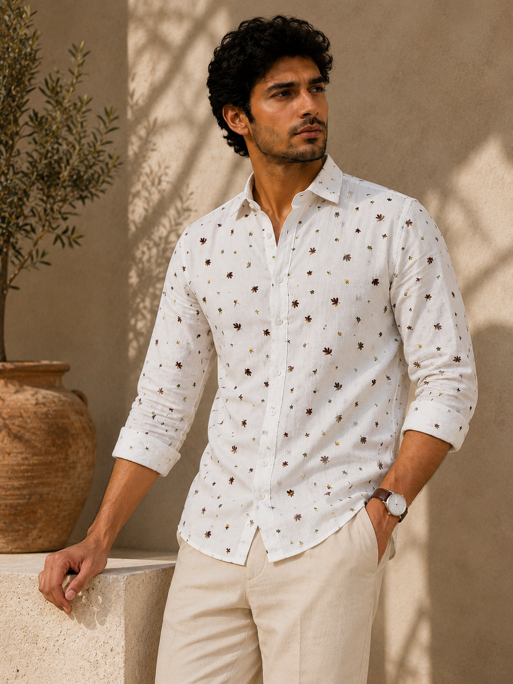 Man wearing a white patterned shirt and beige pants against a beige wall.