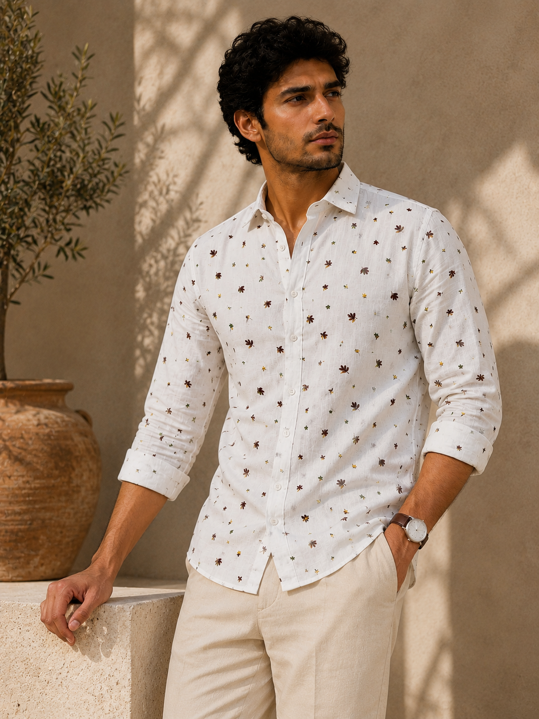 Man wearing a white patterned shirt and beige pants against a beige wall.