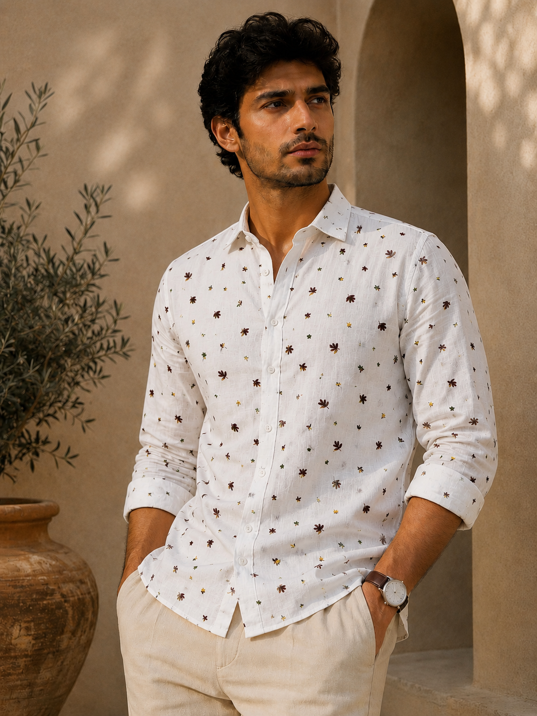 Man wearing a white patterned shirt standing against a beige wall with a plant in the background