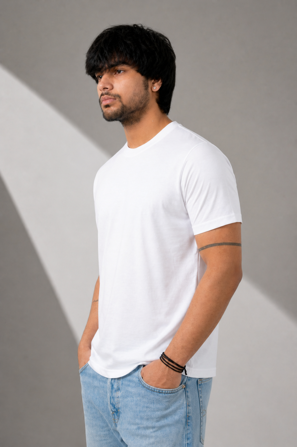 white t-shirt side pose