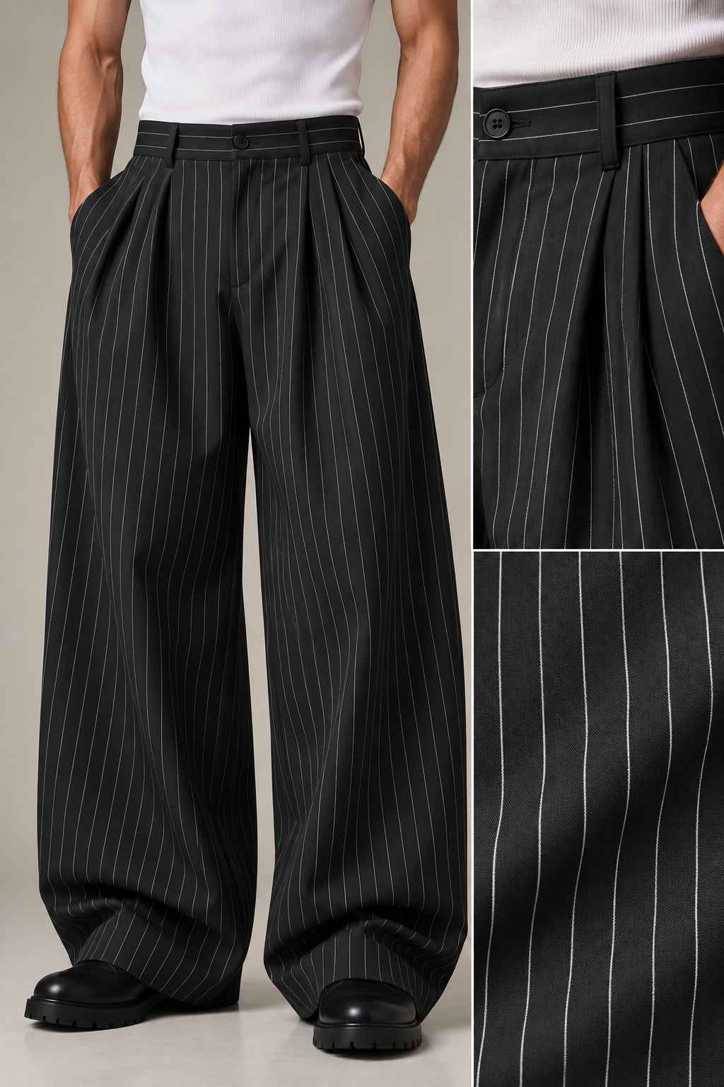 Black Stripe Cotton Pants - Baggy Fit
