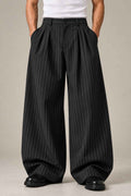 Black Stripe Cotton Pants - Baggy Fit