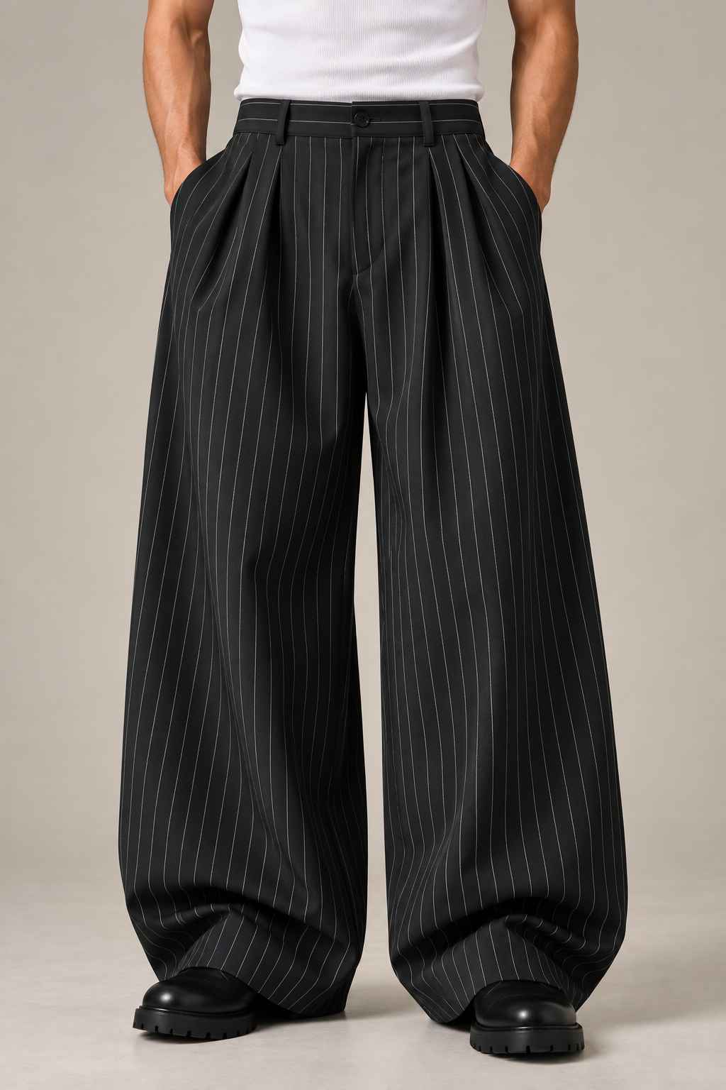 Black Stripe Cotton Pants - Baggy Fit