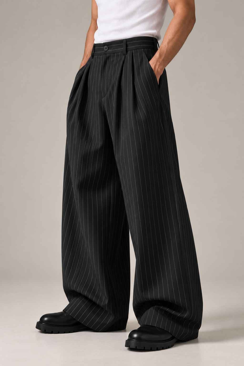 Black Stripe Cotton Pants - Baggy Fit